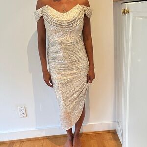 Off-Shoulder Sequin Midi Dress in Champagne